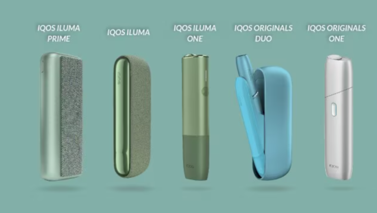 五款 IQOS 裝置並排：IQOS ILUMA PRIME、IQOS ILUMA、IQOS ILUMA ONE、IQOS ORIGINALS DUO、IQOS ORIGINALS ONE。