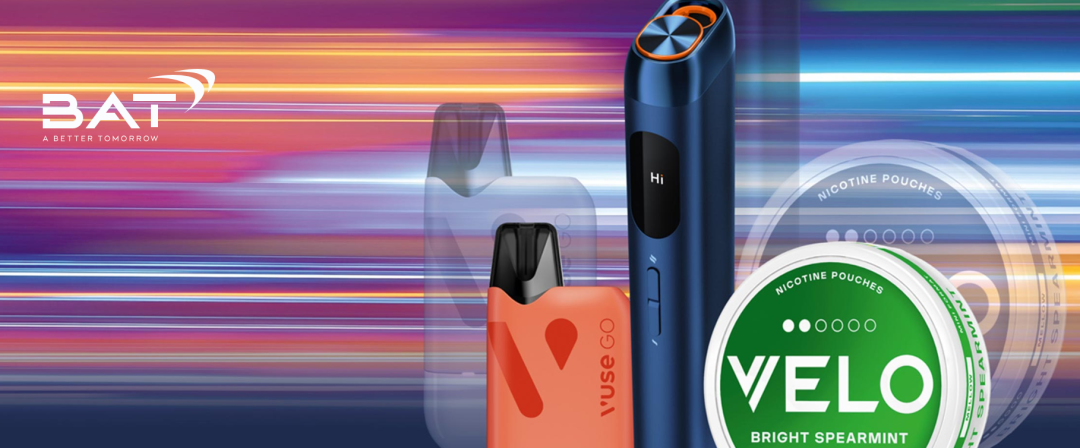 BAT 廣告畫面，可見 Vuse Go 裝置與一罐 VELO Bright Spearmint 尼古丁袋。
