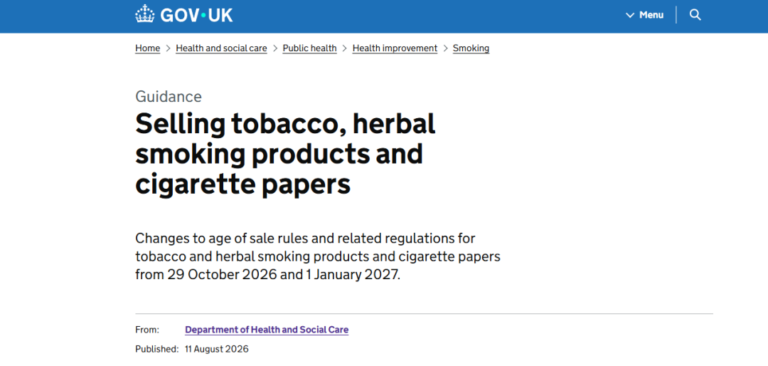 GOV.UK 指引頁，標題為 Selling tobacco, herbal smoking products and cigarette papers，寫明 2026 年 10 月 29 日與 2027 年 1 月 1 日起調整規則，發布日期 2026 年 8 月 11 日。